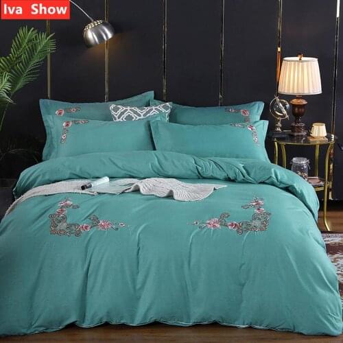 Iva Show Dark Green bed Set Thickened Colorful Cotton Fleece Embroidery Bedding Set Broadside Pillowcase Queen / King Size