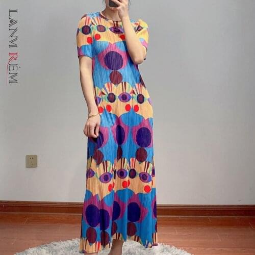 LANMREM New Women Dress Round Neck A-line Printing Short Sleeve Pleated Temperament Loose Fit Fashion Tide Summer 2021 2P1132