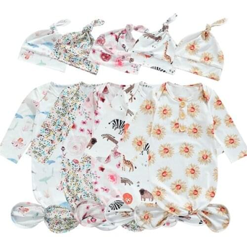 Fashion Infant Nightwear with Hat Girls Boys Robes Cartoon Patterns Print Round Neck Long Sleeve Sleepwear+ Cap Kids 0-3 Months