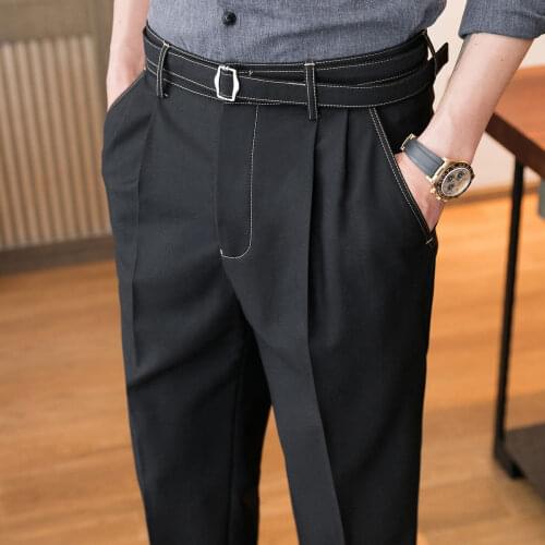 Fashion Slim Fit Solid Pants Men Suit Pants Trousers Belt Mens Formal Office Pantalones Pants Mens Social Trousers Dress Pants