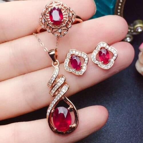Natural Luxurious Ring Earrings Pendant Necklace Set Fine Jewelry Pigeon Blood Ruby S925 Sterling Silver For Women Free Shipping