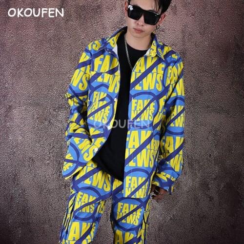 Nightclub fashion mens hairstyle personality shirt fashion new mens long-sleeved printed shirt casual shirt costumes