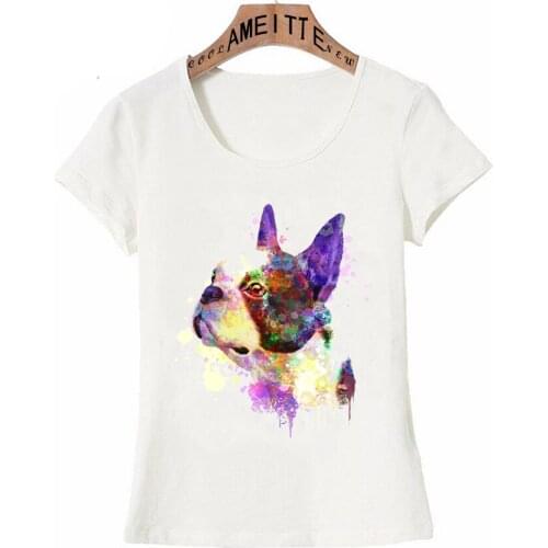 New Summer Fashion Women Short Sleeve Boston Terrier Watercolor Print T-Shirt Funny Dog Design Woman Casual Tops Cute Girl Tee