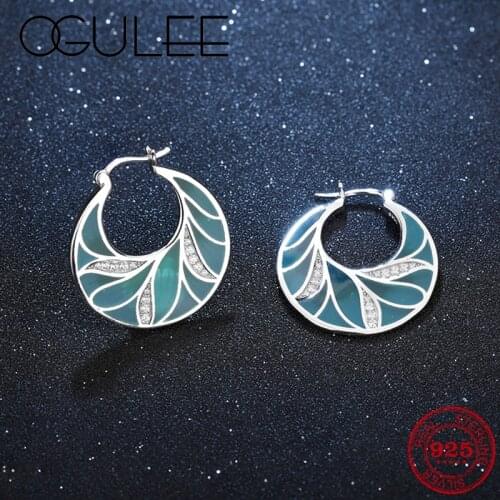 OGULEE Women Earrings Fashion Cyan Leaves AAA Cubic Zirconia 925 Sterling Silver Hoop Earrings Fine Jewelry Handmade Enamel