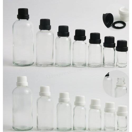 Transparent Glass Essential Oil Container With white Black Tamper Evident Cap PE Reducer 5ml 10ml 15ml 20ml 50ml 100ml 200pcs