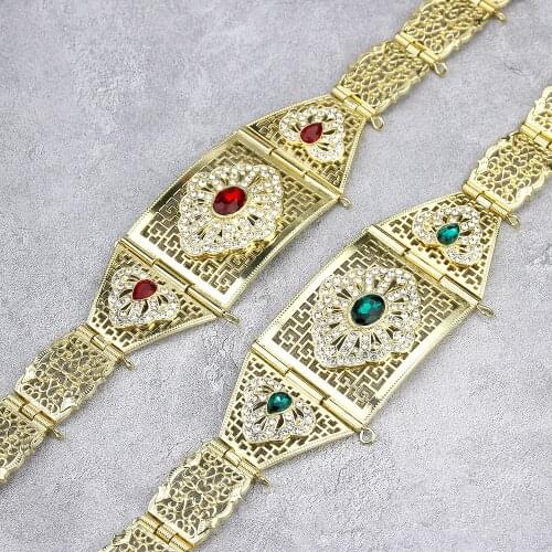 Sunspicems Gold Color Morocco Belt For Women Caftan Bijoux Adjustable Length Red Green Crystal Arab Ethnic Wedding Jewelry Gift