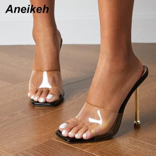 Aneikeh Women Shoes Sandals Slides PVC Shallow Style Fashion High Heels Outside Square Toe Solid Femmes Chaussures 2021 Summer