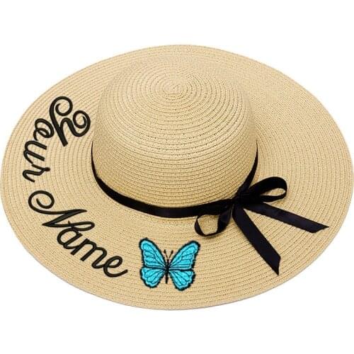 Embroidery Personalized Custom Text Your Name Logo Women Sun Hat Large Brim Straw Hat Outdoor Beach hat Butterfly Cap Dropship