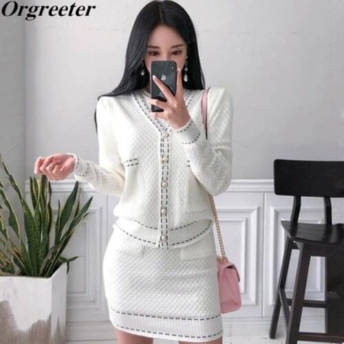 2019 New Knitted Sweater Dress Set Fashion Temperament V-neck Pearl Button Knit Cardigan Jacket Short-sleeved Dress 2 Piece Set