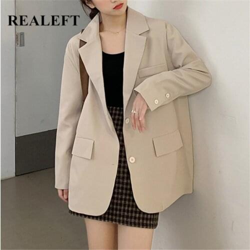 REALEFT New 2021 Spring Autumn Single Breasted Womens Blazers Pockets Female Formal Jackets Elegant Loose Outerwear Chic Tops