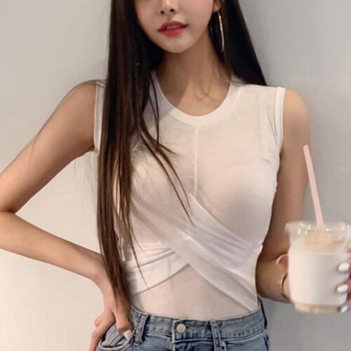 O Neck Summer See Through Crop Top Sleeveless Women Sexy Basic T Shirt White Off Shoulder Ribbed Black Tank Top Casual 2021