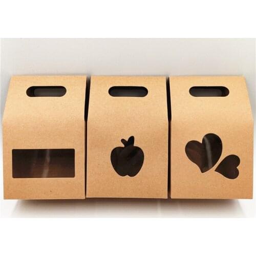 10Pcs/Lot Apple Heart Shape Hollow PVC Window Kraft Paper Box Gift Packaging Bag Portable Handle Case Brown Retro Style Bags