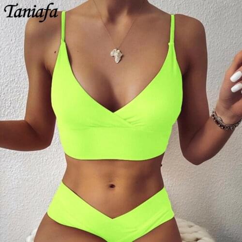 2021New Split Solid Color Thong V Shape Bikini Ladies Sexy High Waist Triangle Bikini Multicolor Swimsuit Swimwear