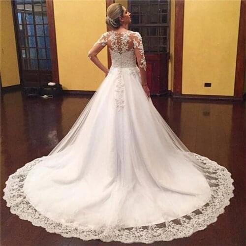 2020 Sexy V Neck Lace Appliques Beaded Tulle Vestido De Noiva Bridal Gowns Plus Size Long Sleeve Ball Gowns Wedding Dress