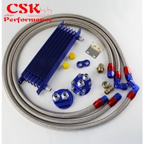 7 Row 262mm AN10 Universal Engine Transmission Oil Cooler Trust Type + Filter Adapter Kit Silver/Blue/Black