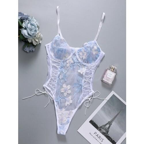 Floral Embroidery Teddies Bodysuit Women Push Up Lace Lingerie Exotic Women Sexy Spaghetti Strap Babydoll Transparent Bodysuits