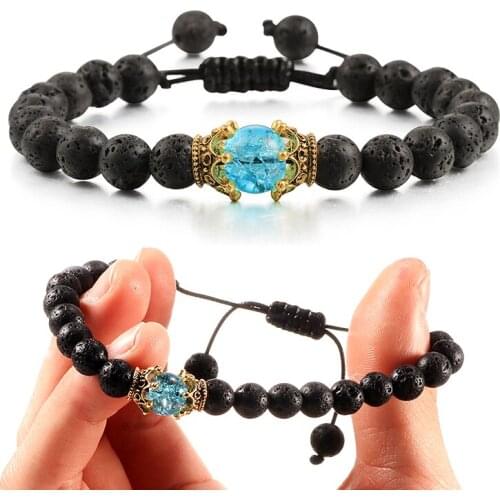 Handmade Men Women Bracelet Natural Stone Lava Beads King Crown Charm Braiding Braceelts Bangles Luxury Jewelry Gift Accessories