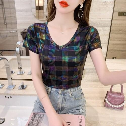 2021 Summer Colorful Plaid T Shirt Women Clothes Streetwear Fashion V-neck Short Sleeve T-shirts Bronzing Tshirt Plus Size Tee