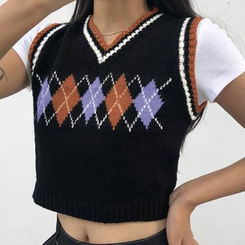 Plaid Pullover Knitted Sleeveless Tank Tops V Neck Cute Crop Streetwear Preppy Style Clothes Knitwear Sweater Vest Autumn Tops