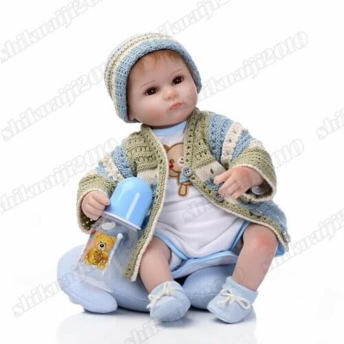 Infant Reborn Baby Boy Doll 17'' Lifelike Silicone Vinyl Sweater With Bottle Toy Silicone Reborn Baby Dolls