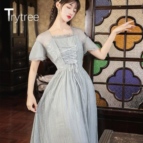 Trytree 2020 Summer Woman Casual Dress Square Collar Elegant Ruffles A-line Vintage Fashion Blue Temperament Mid-Calf Dress