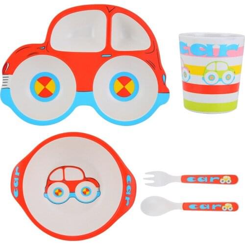 5P Cartoon Car Childrens Tableware Set Bamboo Fiber Student Tableware Plate Spoon Fork Cup Bowl Baby Food Supplementary Suit