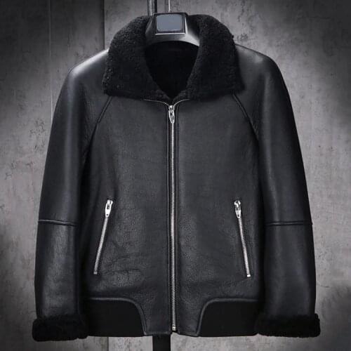 New Mens B3 Shearling Jacket Short Fur Coat Black Leather Jacket Business Casual Coat Natural Sheepskin Coat