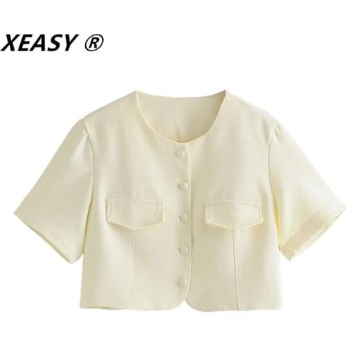 XEASY New Women Vintage Safari Style Pocket Design Solid Short Shirt Female Single Breasted Blouse Roupas Chic Crop Tops