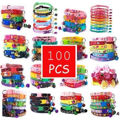 Wholesale 100 Pcs With Bell Collars Kitten Collar Neck Strap Quick Release Adjustable Cat Necklace Paw Print Positioning Pet