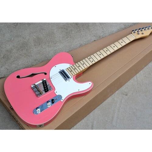 Factory Wholesale Pink Body One f Hole Electric Guitar with White Pickguard,Maple Fretboard,White Binding,Offer Customized