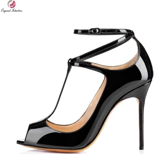 Original Intention Women Sandals Open Toe Thin High Heels Sandals Black Red Beautiful Patent Leather Plus Size 4-15 Shoes Woman