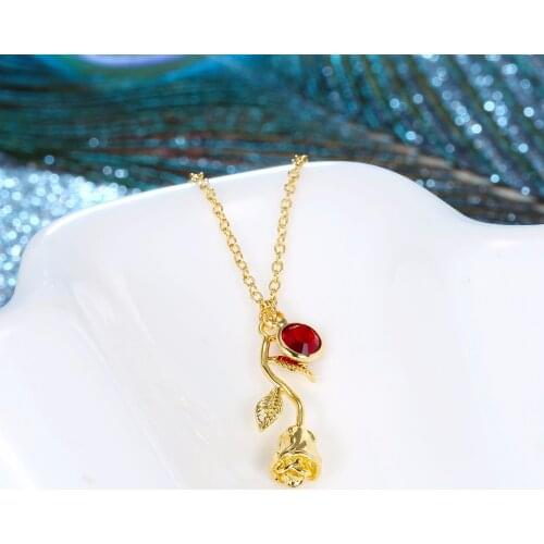 3UM Rose Necklace gold color Personalized custom Birthstone charm Necklace Final Rose Flower Beauty and the Beast Jewelry Women