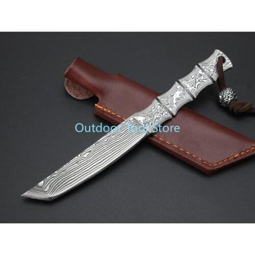 Slub one-piece steel Damascus straight knife Damascus Blade Handle fixed keychain mini Hunting Pocket Camping Knife EDC tool