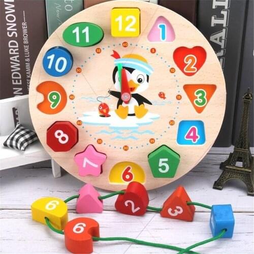 Montessori Cartoon Animal Educational Wooden Beaded Geometry Digital Clock Puzzles Gadgets Matching Clock Toy For Children