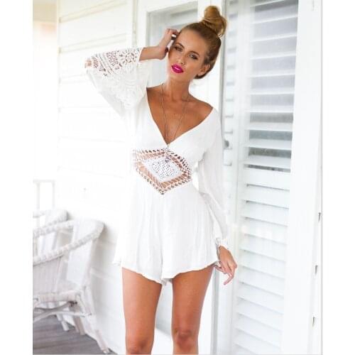 Hot Sale Hollow-Out Lace Sleeve Playsuit 3S2352 Sexy Mesh Playsuit Free Shipping Fashion V-Neck Summer Romper Jumpsuits