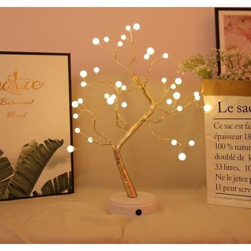 LED USB Table Lamp Copper Wire Christmas Fire Tree Night Light Pearl Tree Light Starry Bedroom Night Light Childrens Gift