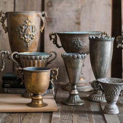 VINTAGE OLD WROUGHT IRON VASE FLOWER HOME FURNISHING GOLDEN SILVER EUROPEAN FLOWER POT GOBLET CLASSICAL FLORAL DECORATION