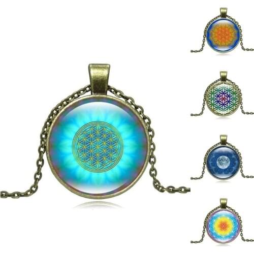 Retro Style Jewelry with Glass Cabochon Bronze Plated Mandala Flower Buddhism Zen Picture Choker Neckalce for Women