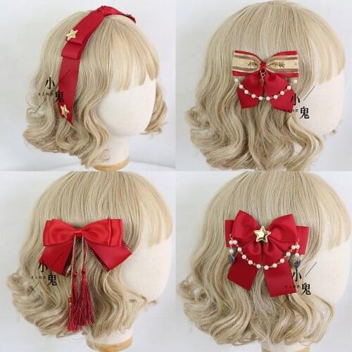 Dark red bowknot clip hair circle pearl lolitakc hair hoop hand - making bowknot lolita headdress
