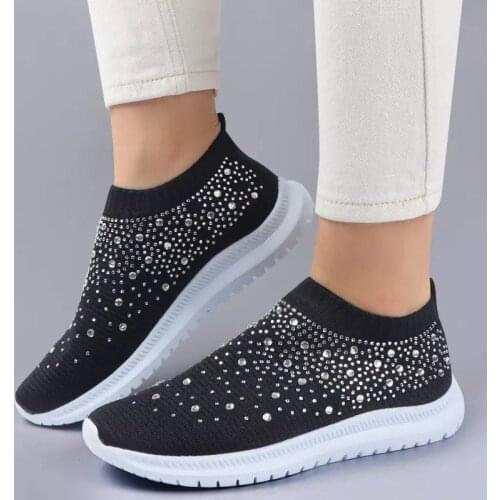 2021 Vulcanized Shoes Sneakers Women Trainers Knitted Sneakers Ladies Slip-on Sock Shoes Sparkly Crystal Zapatillas Mujer Casual
