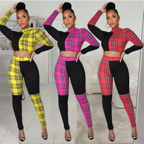 Cute Plaid Print Women Set Short Sleeve Tee Tops And Skinny Pencil Pant Suit 2 Pieces Outfits