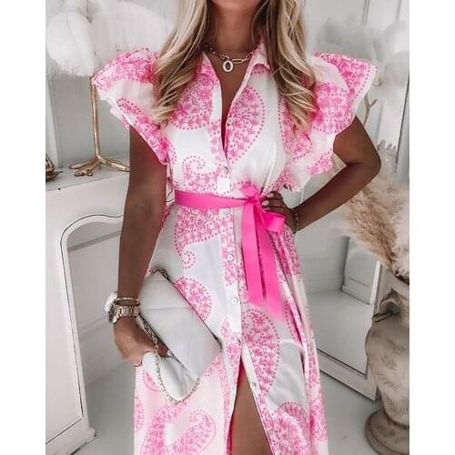Fashion Ruffled Short Sleeve V Neck Button Printed Shirt Dress Women Turn Down Collar Midi Summer Dress Party Robe Femme Vestido