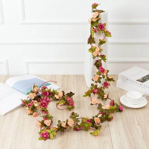 2.5m 45 Heads Silk Artificial Rose Vine Hanging Flowers Wall Decoration Rattan Fake Plant Leaves Garland Wedding Home Decoration