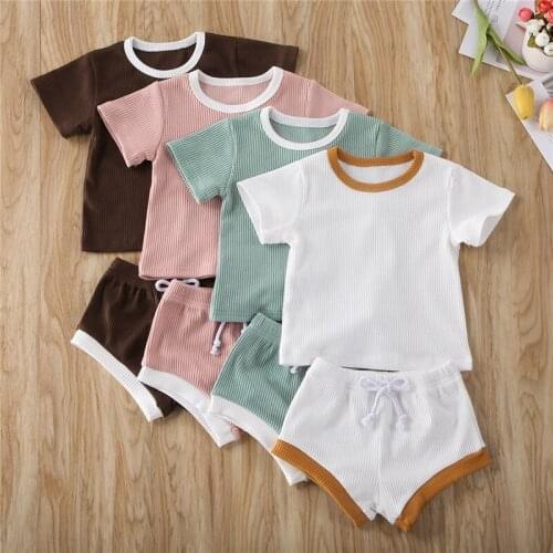 7 Colors 2PCS Summer Infant Baby Girl Boy Knitted Tops T-shirt+Shorts Outfits Clothes Set Solid Cotton Pink Green White