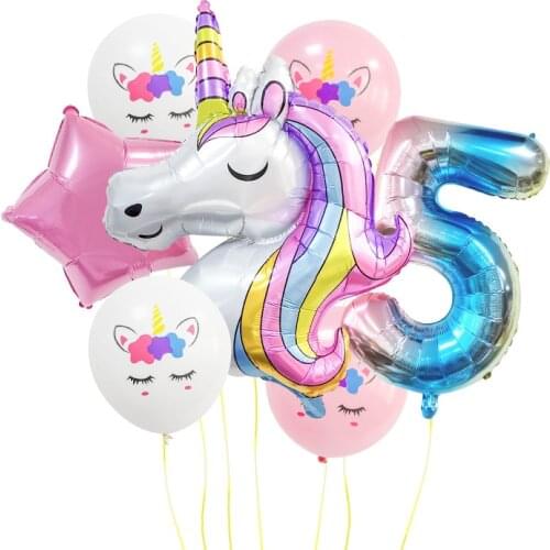 7pcs/Set Rainbow Unicorn Balloon 32" Number Foil Balloons Kids Unicorn Theme 1st Birthday Party Decorations Baby Shower Globos