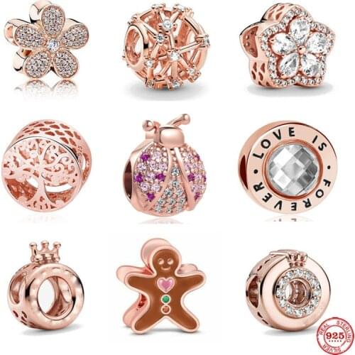 New free shipping rose gold life tree daisy ladybug Gingerbread diy bead fit Original Pandora charms silver 925 bracelet women