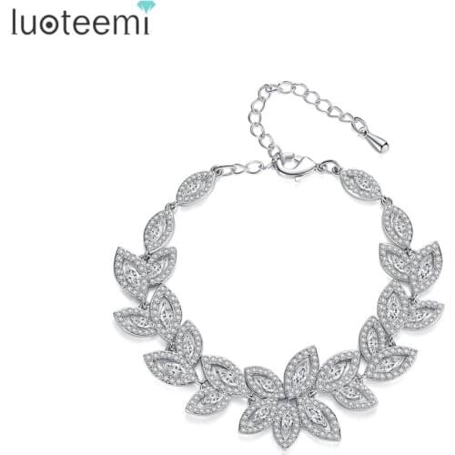 LUOTEEMI Elegant Leaves Female Bracelet AAA Clear CZ Stone Fashion Charm Jewelry for Women Bride Wedding Dating Birthday Gifts