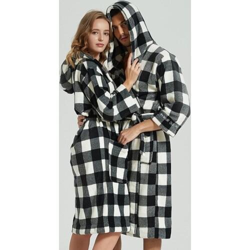Winter double sides Thick Coral fleece Plaid bathrobes robe men women long-sleeve absorbent soft Hooded bathrobe hooded pijamas