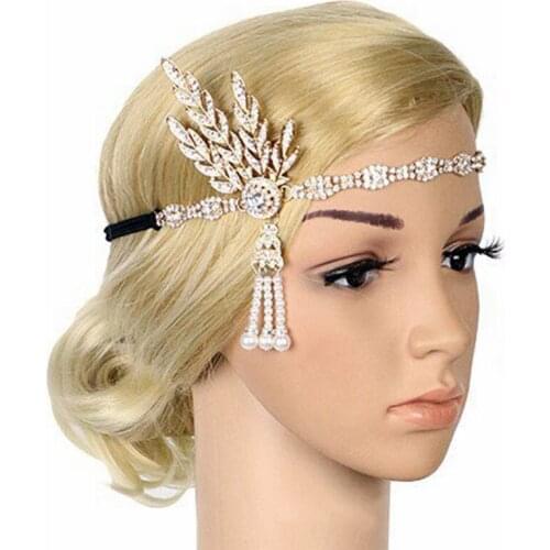 Imitation Pearls Headband 1920S Retro Ladies Elegant The Great Gatsby Banquet Rhinestone Leaf Shape Temperament Hair Accessories