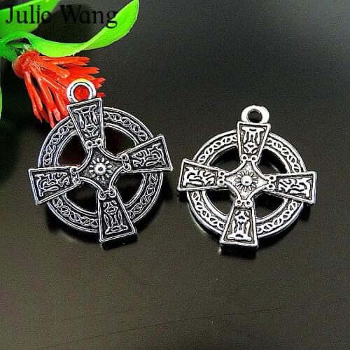Julie Wang 10PCS Round Crosses Crucifix Charms Antique Silver Color Necklace Pendants Earrings Bracelet Jewelry Making Accessory